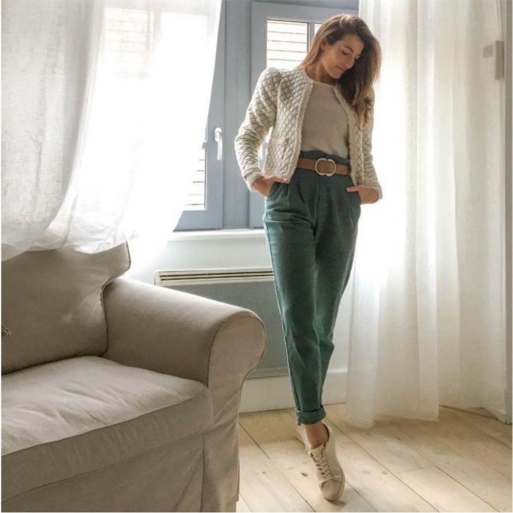 Sezane paper bag waist green trouser pants women’s size 34 FR or us 2 straight